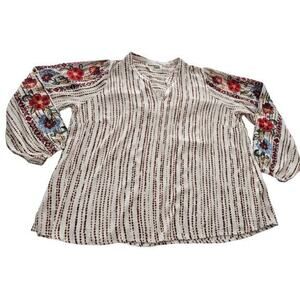 Savanna Jane Women's Tan White Embroidered Floral Boho Long Sleeve Shirt Plus 1X